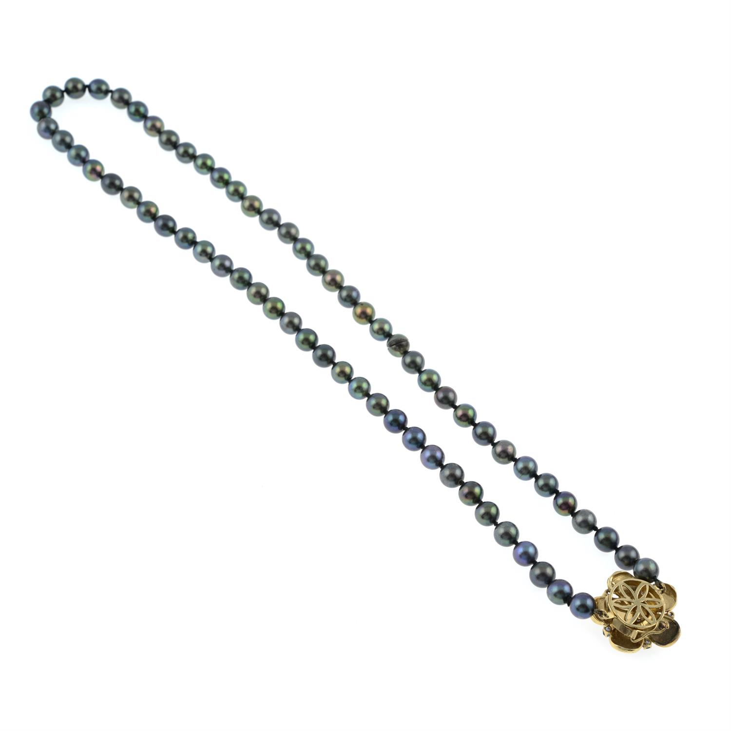 A cultured pearl single-strand necklace, with sapphire floral push-piece clasp. - Image 3 of 3