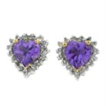 A pair of amethyst and diamond earrings.