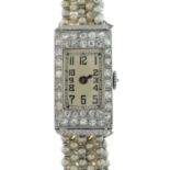 A lady's early 20th century old-cut diamond cocktail watch, with imitation pearl bracelet.