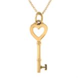 An 18ct gold 'Tiffany Keys' heart key pendant, suspended from an 18ct gold trace-link chain,