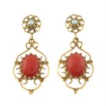 A pair of mid 20th century 14ct gold coral and split pearl drop earrings.