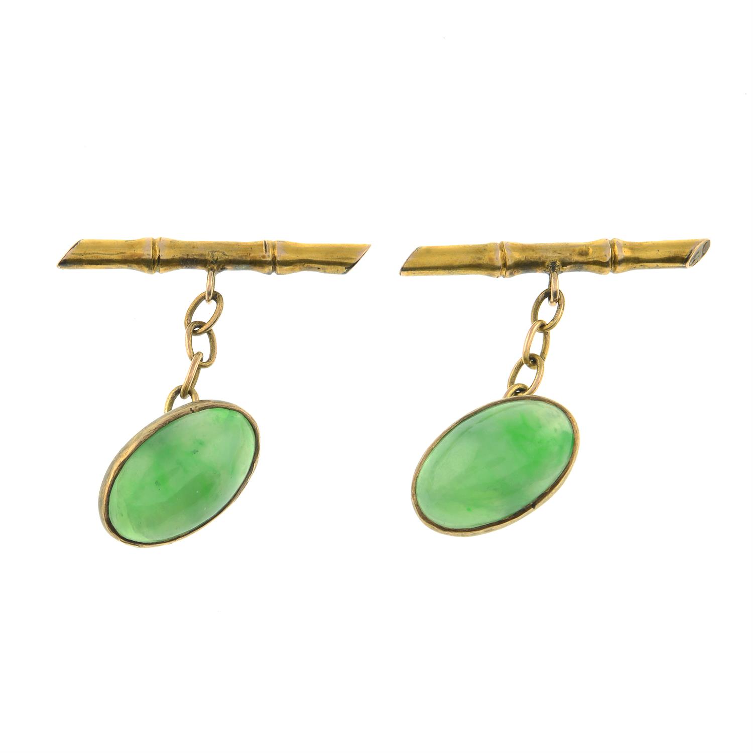 A pair of mid 20th century gold jade bamboo cufflinks.