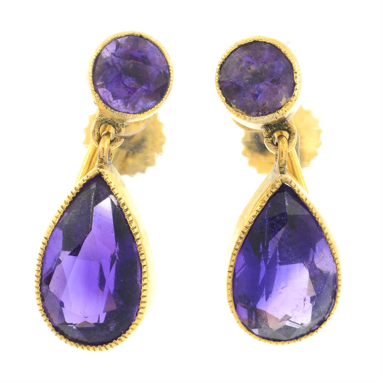 A pair of mid 20th century 9ct gold amethyst drop earrings.