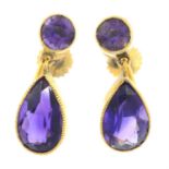 A pair of mid 20th century 9ct gold amethyst drop earrings.