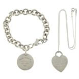A silver bracelet, with suspend tag charm, together with a heat-shape pendant, with chain,