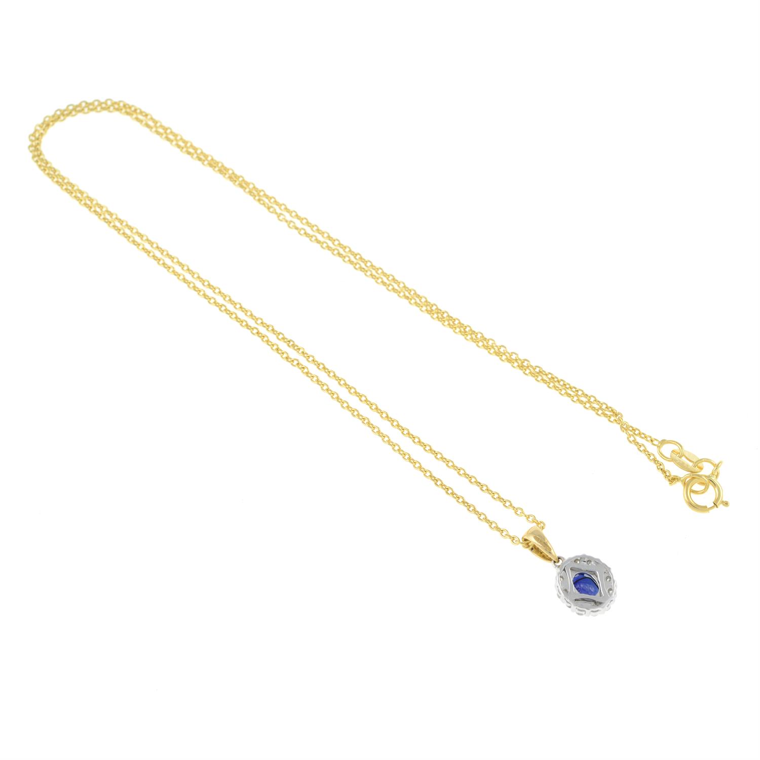 An 18ct gold sapphire and diamond pendant on chain. - Image 2 of 2