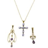 Two 9ct gold gem-set pendants, together with a gem-set cross pendant, with chain.