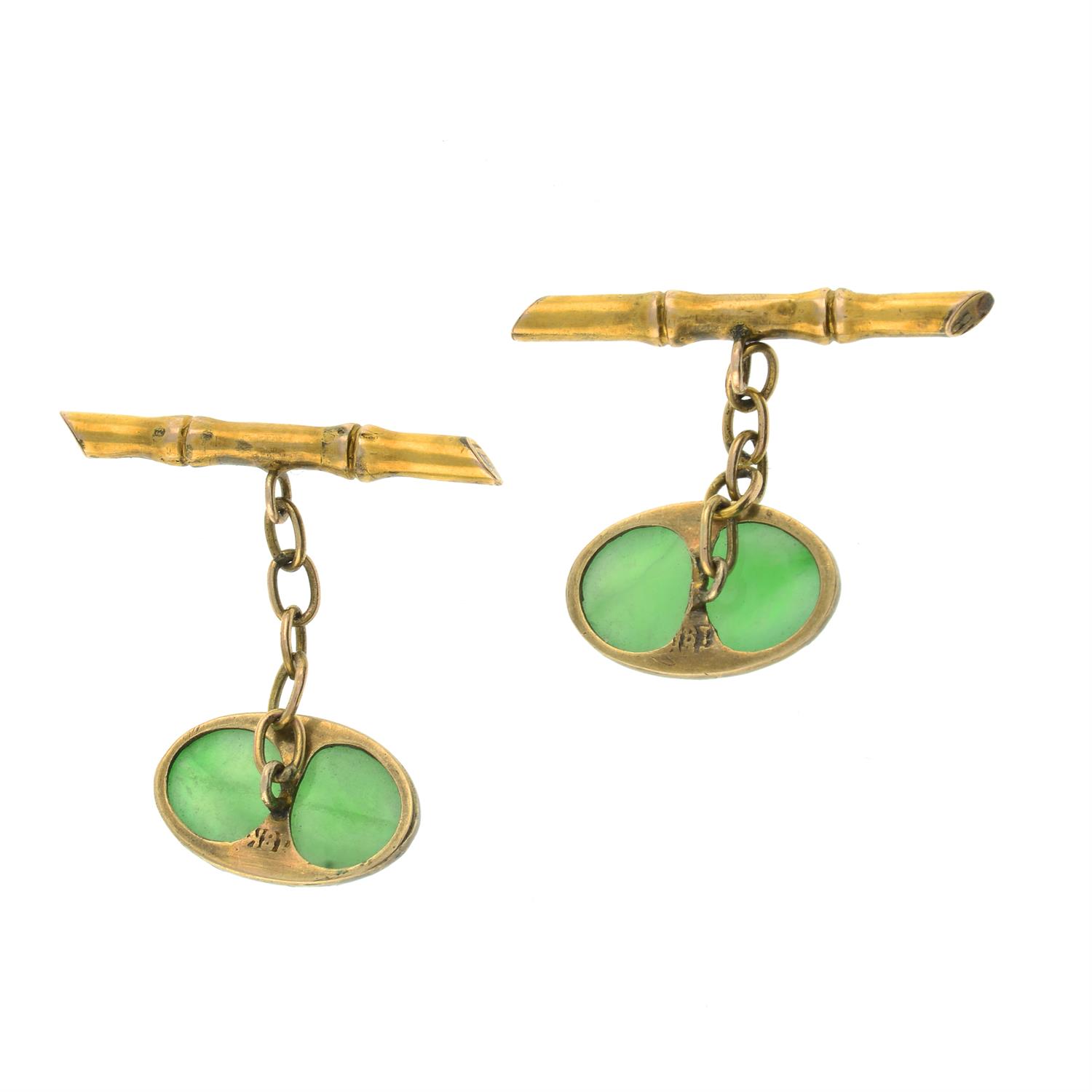 A pair of mid 20th century gold jade bamboo cufflinks. - Image 2 of 2