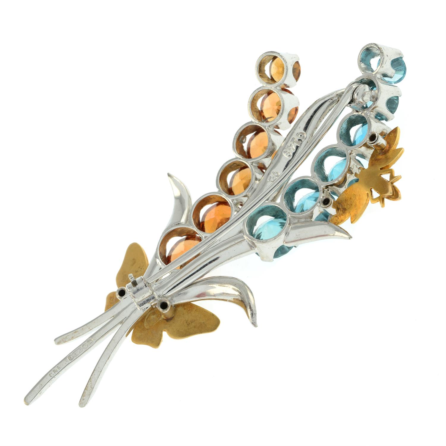 A 9ct gold blue and yellow zircon floral spray brooch. - Image 2 of 2