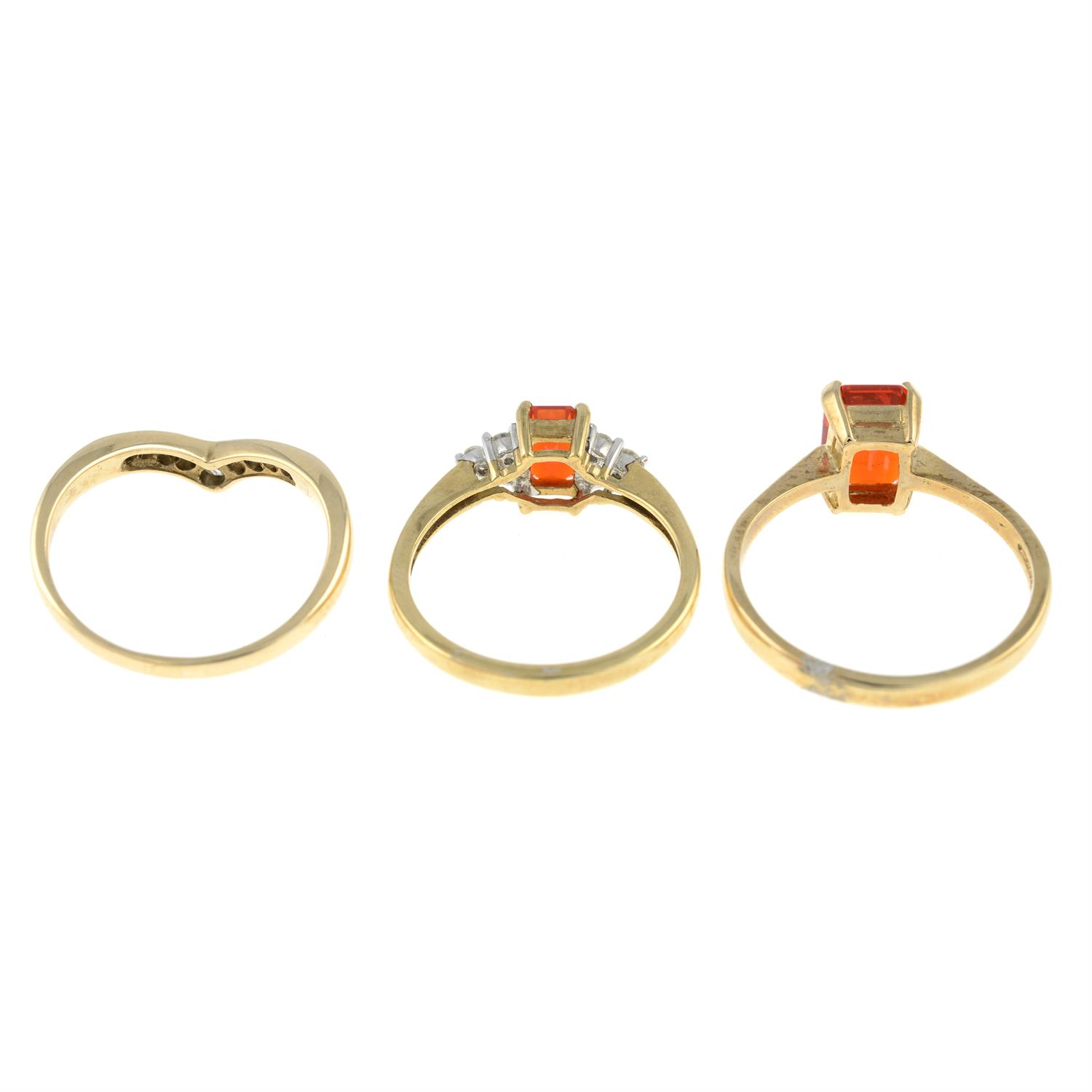 Three 9ct gold fire opal and diamond rings. - Image 2 of 2