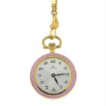 An imitation pearl and bar-link necklace, suspending a lady's pink enamel pocket watch, by Bucherer.