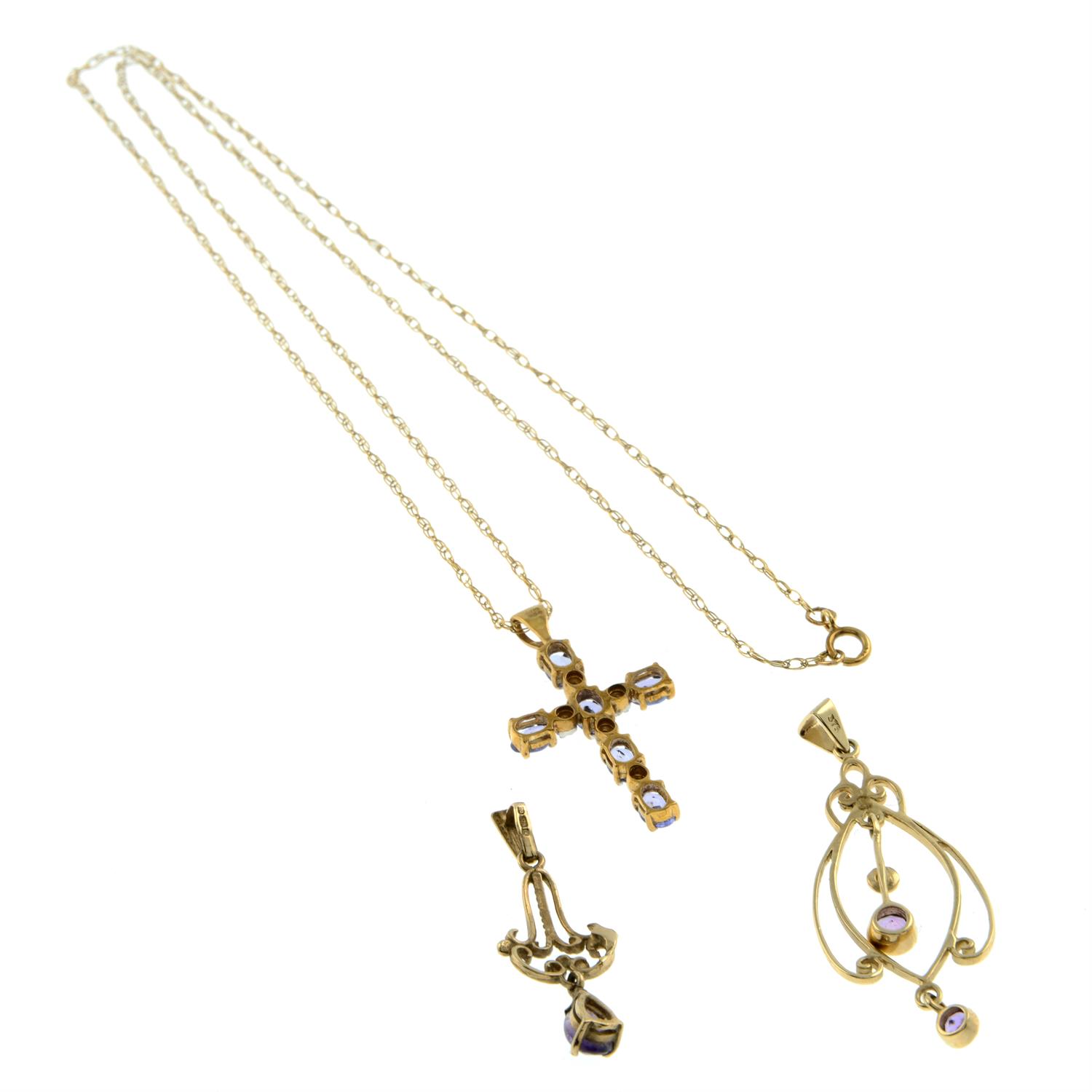 Two 9ct gold gem-set pendants, together with a gem-set cross pendant, with chain. - Image 2 of 2