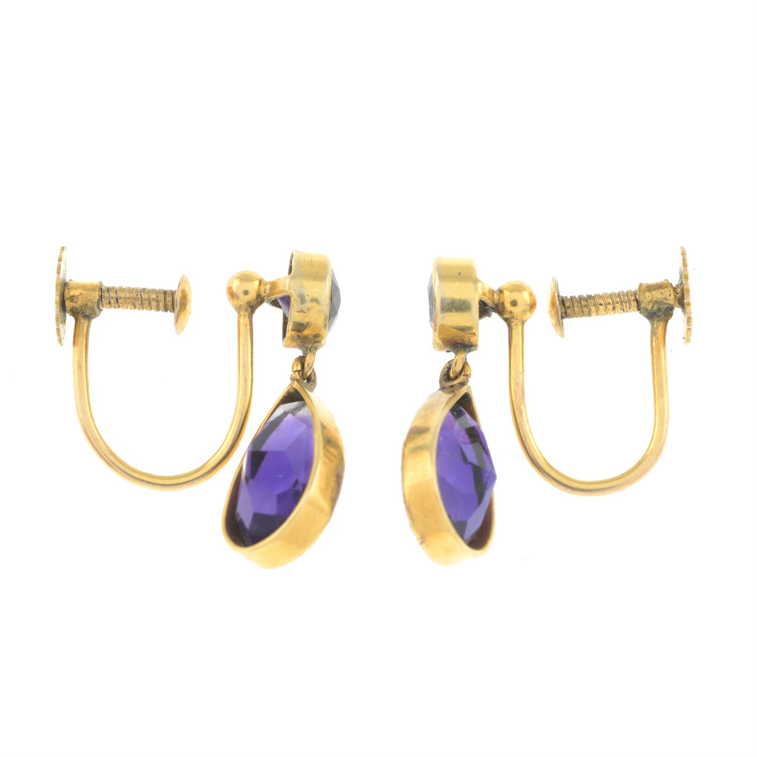 A pair of mid 20th century 9ct gold amethyst drop earrings. - Image 2 of 2