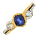 A sapphire and diamond three-stone bi-colour ring.