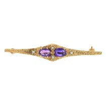 9ct gold amethyst and split pearl brooch.