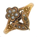 A late Victorian 15ct gold split pearl and enamel 'Forget-Me-Not' floral ring.
