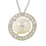 A cultured pearl and rose-cut diamond pendant, with later chain.