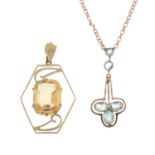 9ct gold aquamarine necklace with topaz pendant