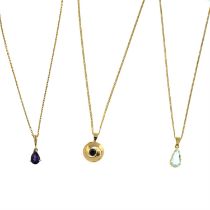 Three gem pendants, with 9ct gold chains