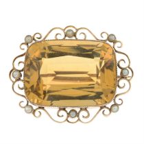 Citrine & split pearl brooch