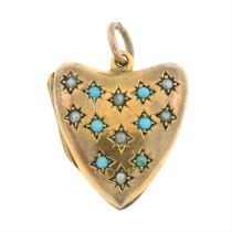 A late Victorian seed pearl and turquoise heart-shaped locket pendant.