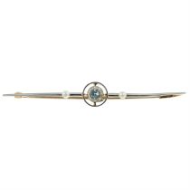 Early 20th century 15ct gold aquamarine & seed pearl bar brooch