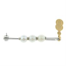 Cultured pearl bar brooch, with Uno-a-erre tag
