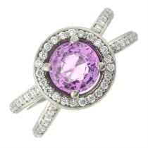 Palladium pink sapphire and diamond ring