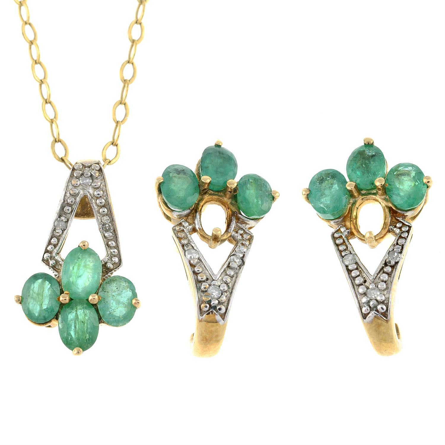 Set of 9ct gold emerald and diamond jewellery