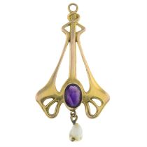 Early 20th century gold amethyst & baroque pearl pendant