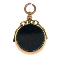 Early 20th century gold bloodstone and carnelian swivel fob