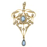 Edwardian 9ct gold aquamarine & split pearl pendant