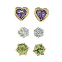 Three pairs of gem-set earrings