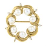 9ct gold cultured pearl & diamond wreath brooch