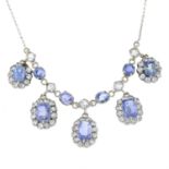Sapphire and colourless gem fringe necklace, with diamond clasp