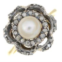 Early 20th century gold cultured pearl & diamond floral openwork ring