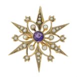 Victorian 9ct gold split pearl & amethyst starburst brooch