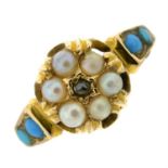 Edwardian 15ct gold turquoise, split pearl & diamond cluster ring