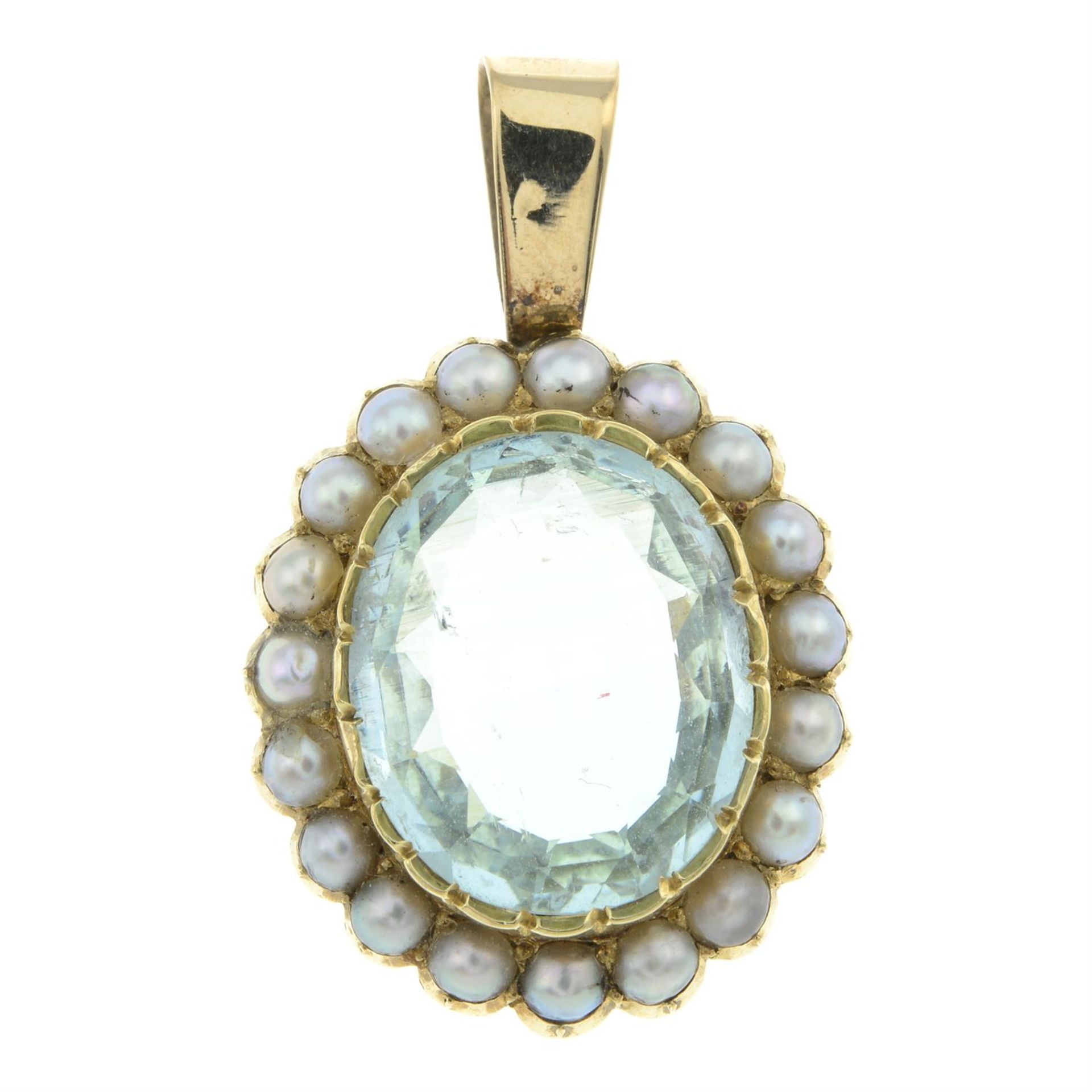 Early 20th century gold aquamarine & split pearl cluster pendant