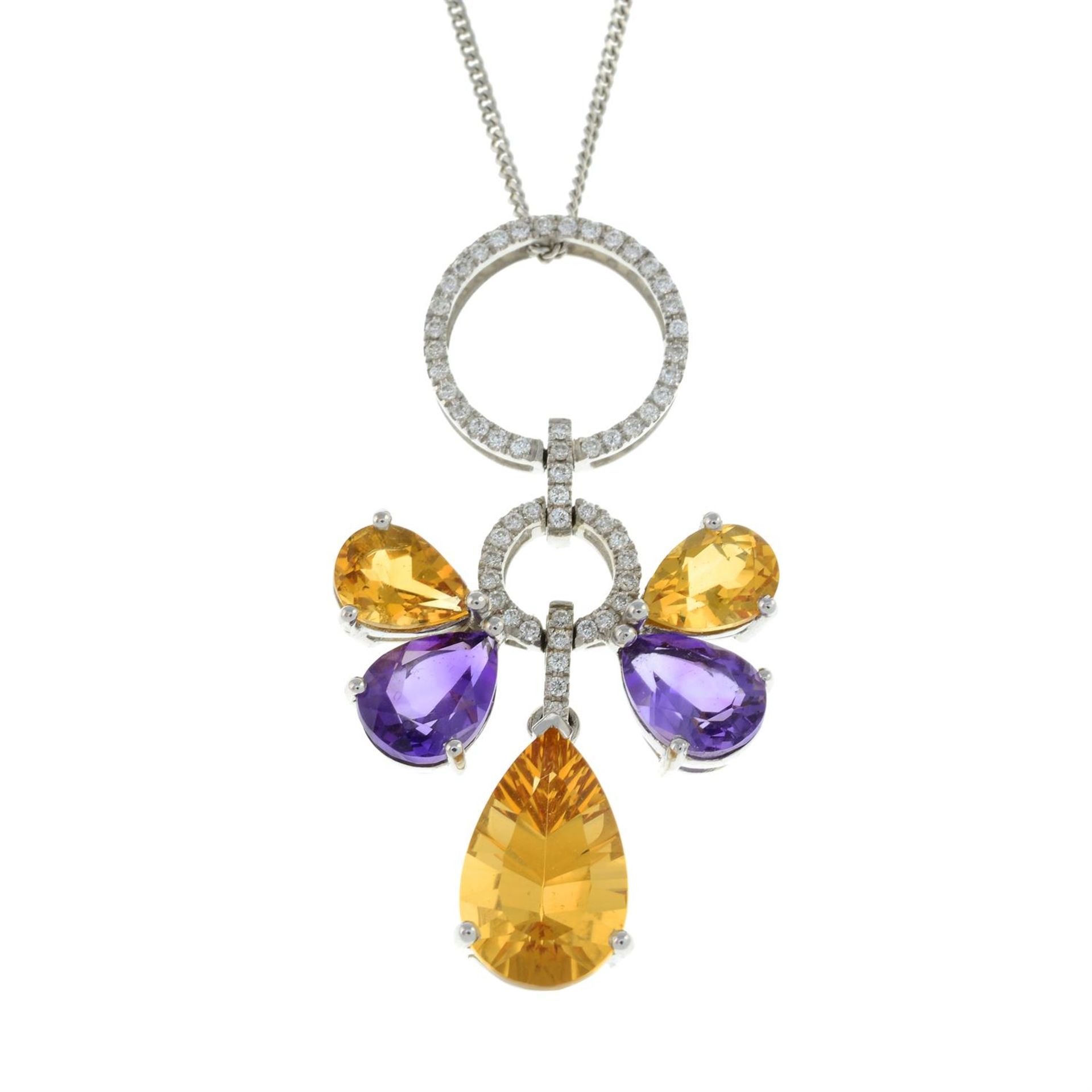 Citrine, amethyst & diamond pendant, on 18ct gold chain.
