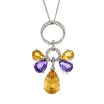 Citrine, amethyst & diamond pendant, on 18ct gold chain.