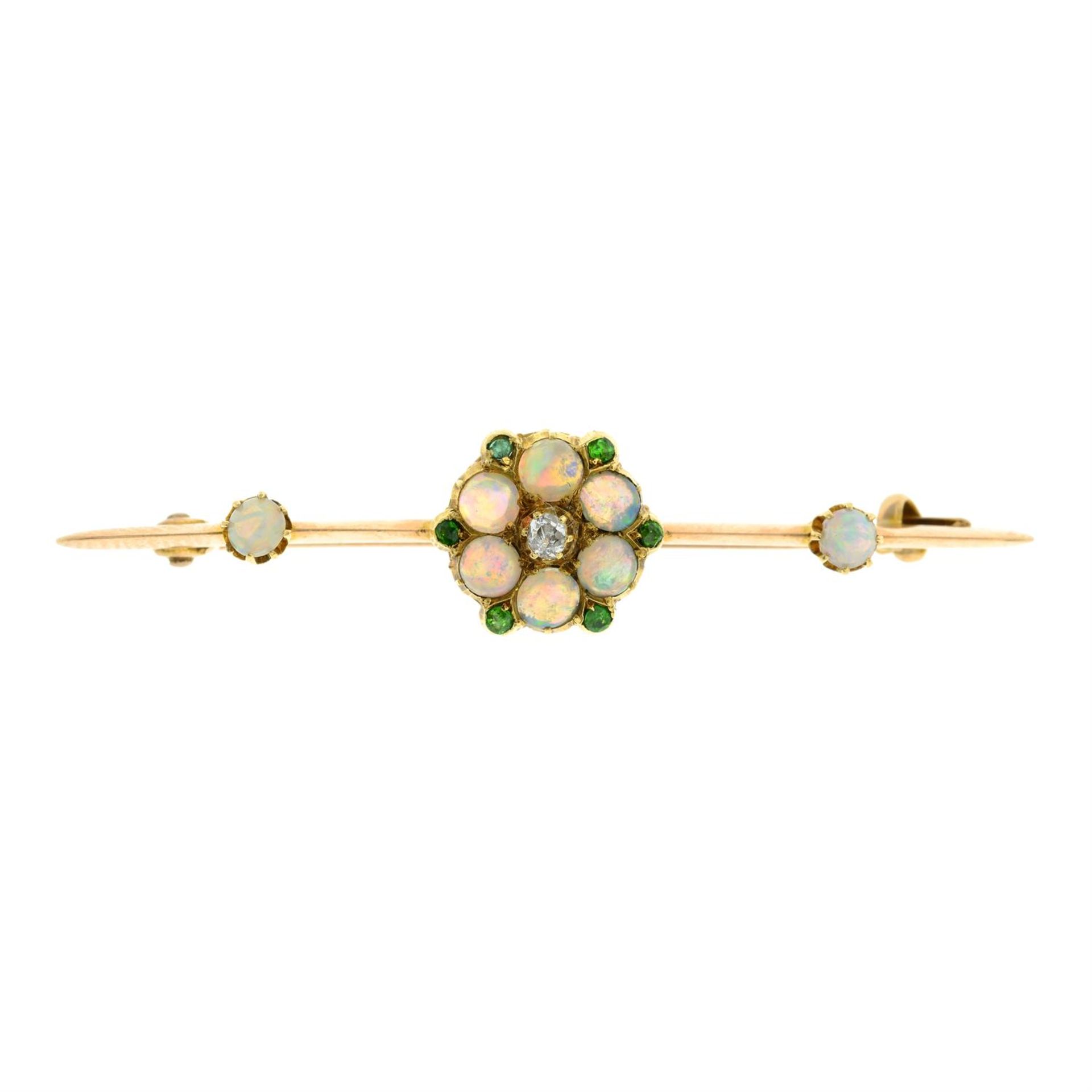 Late 19th century 15ct gold opal, diamond & demantoid garnet brooch