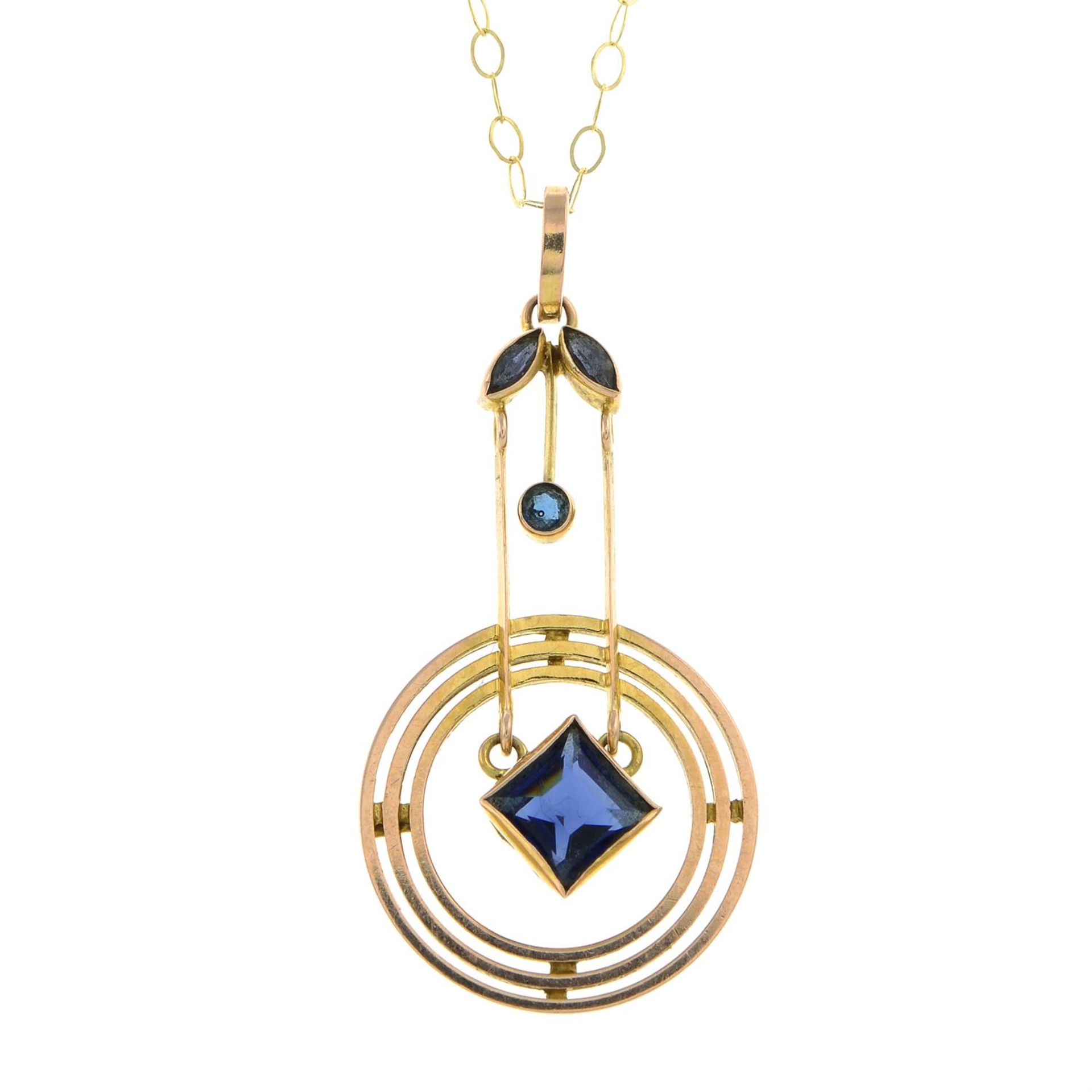 Early 20th century 9ct gold blue paste pendant, with later chain.