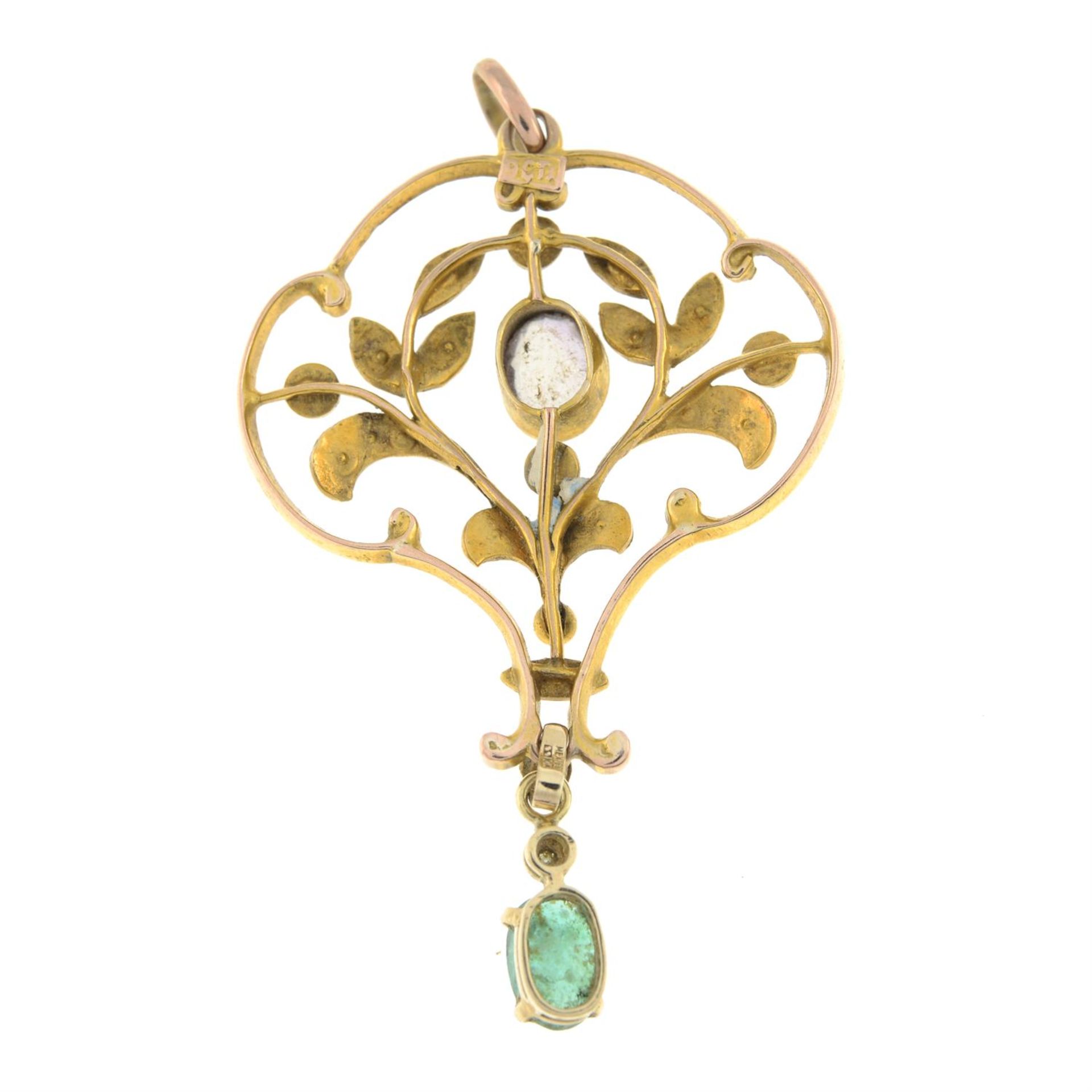 Early 20th century 9ct gold amethyst and split pearl openwork pendant, with later emerald and - Bild 2 aus 2