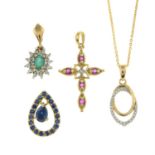 Four gem pendants & a 9ct gold chain.