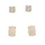 Two pairs of 18ct gold gem earrings.