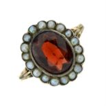 Mid 20th century 9ct gold, silver garnet & split pearl cluster ring