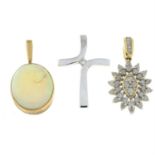Two 9ct gold gem-set pendants, together with a diamond cross pendant.