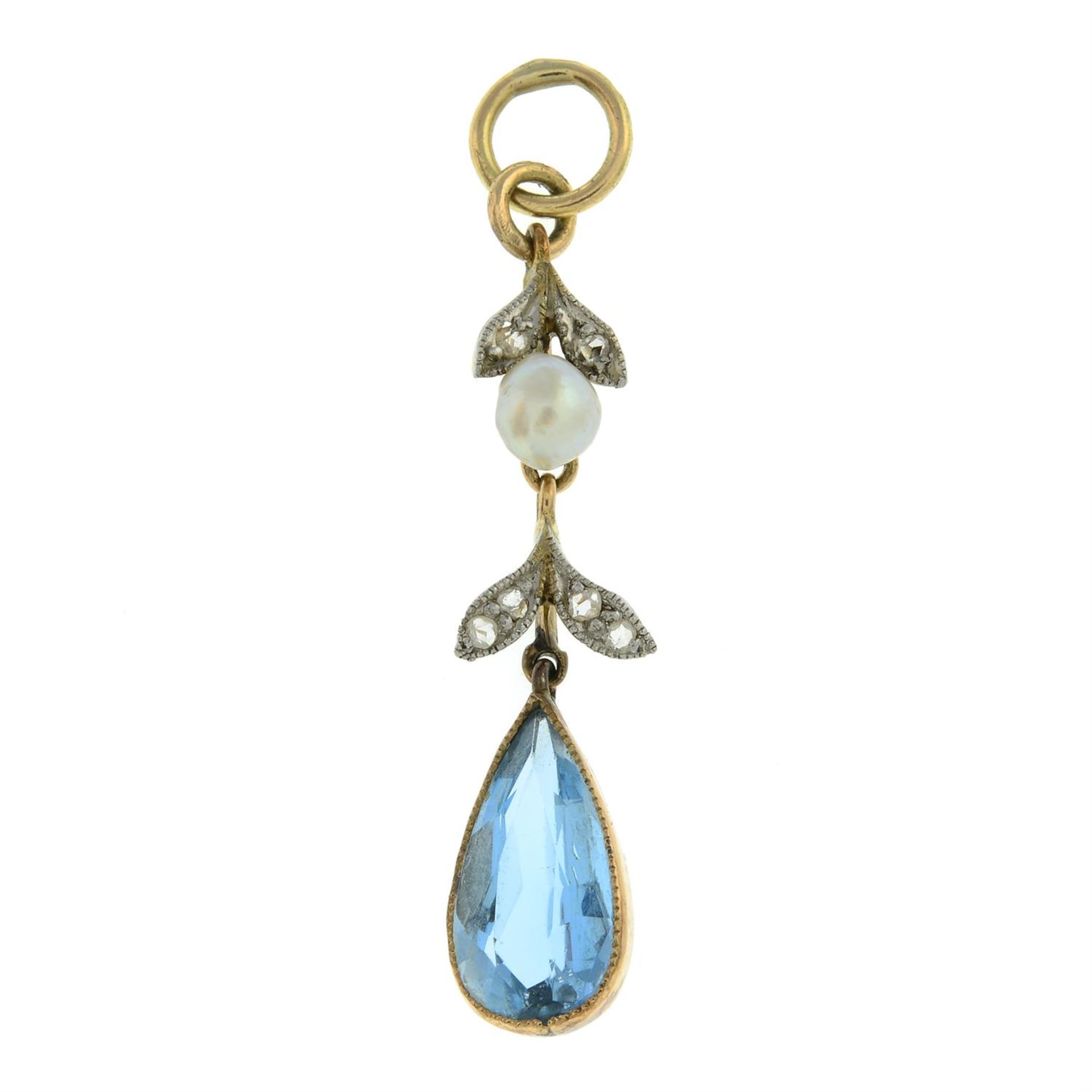 Early 20th century aquamarine, split pearl, rose-cut diamond pendant