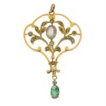 Early 20th century 9ct gold amethyst and split pearl openwork pendant, with later emerald and